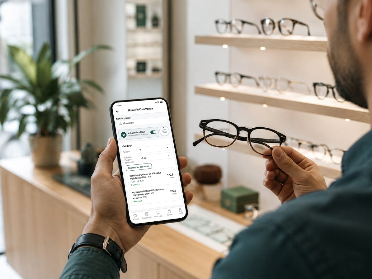 Opticien sélectionnant une paire de lunettes tout en consultant La Plateforme sur son téléphone
