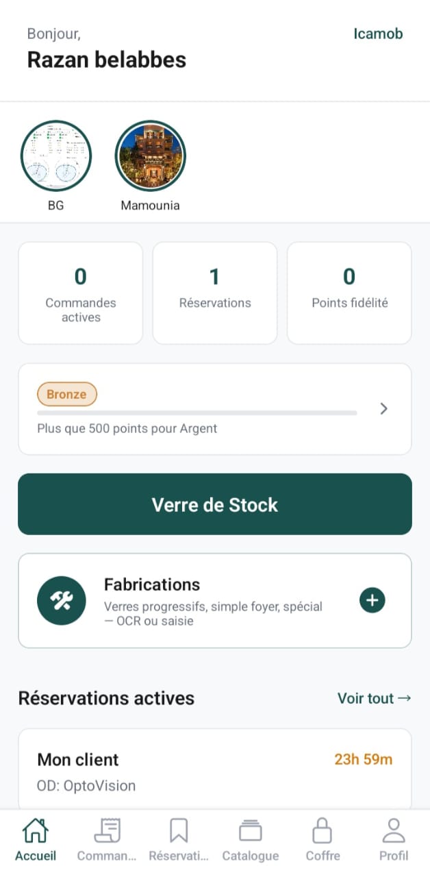 Écran d’accueil La Plateforme avec statistiques, fidélité et raccourcis