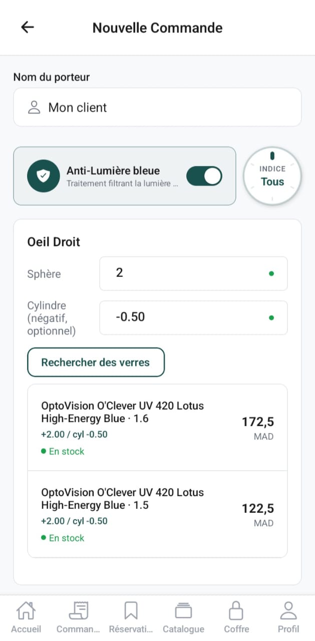 Catalogue de verres avec recherche et résultats en temps réel