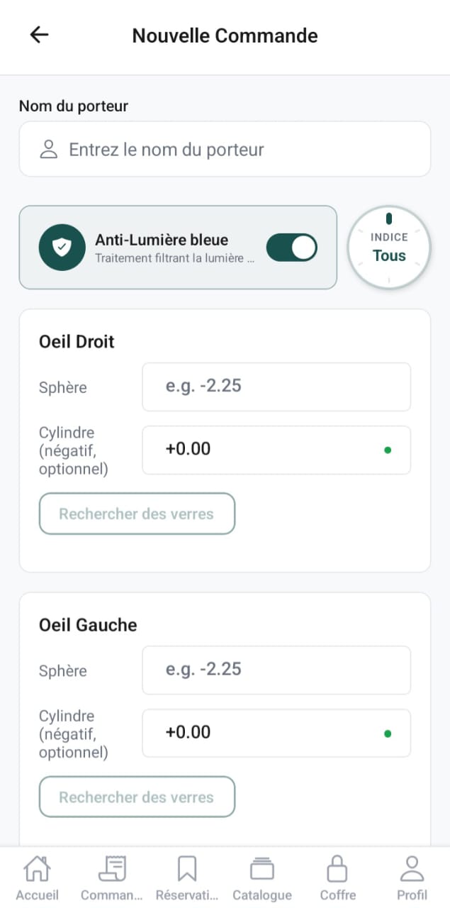 Saisie d’une nouvelle commande de verres (sphère, cylindre, traitement)