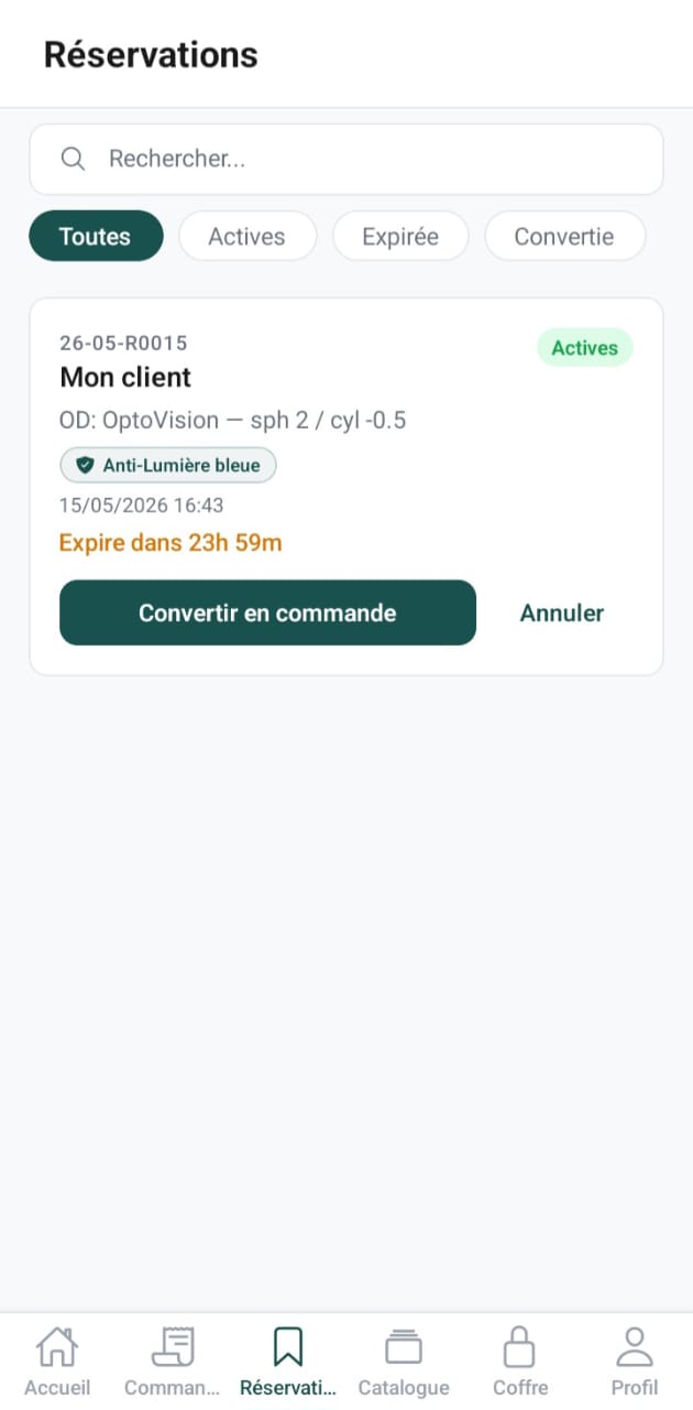 Liste des réservations actives, à convertir ou annuler
